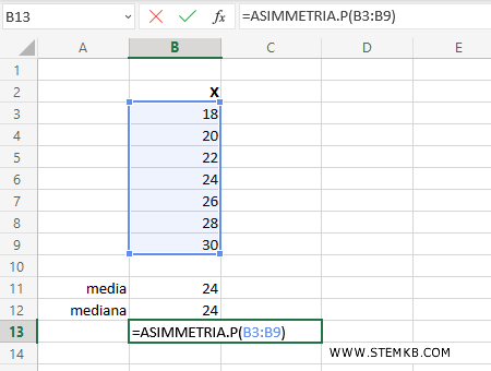 digita =ASIMMETRIA.P(B3:B9)