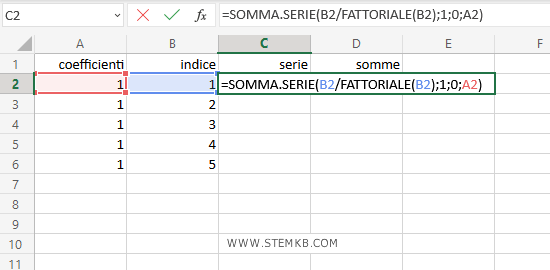 digita =SOMMA.SERIE(B2/FATTORIALE(B2);1;0;A2)