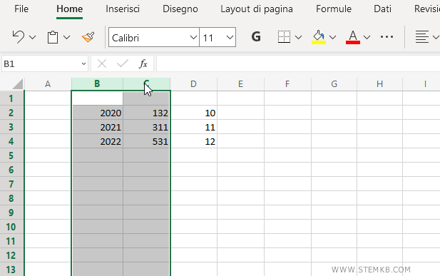 seleziona le colonne B e C