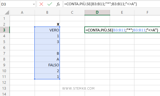 digita =CONTA.PI&Ugrave;.SE(B3:B11;"*";B3:B11;"<>A")
