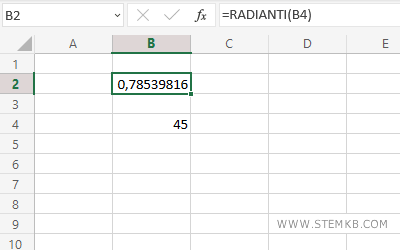 digita =RADIANTI(B4) nella cella B2 del foglio di calcolo