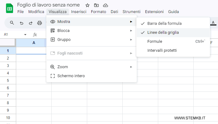come disattivare la griglia su Google Fogli