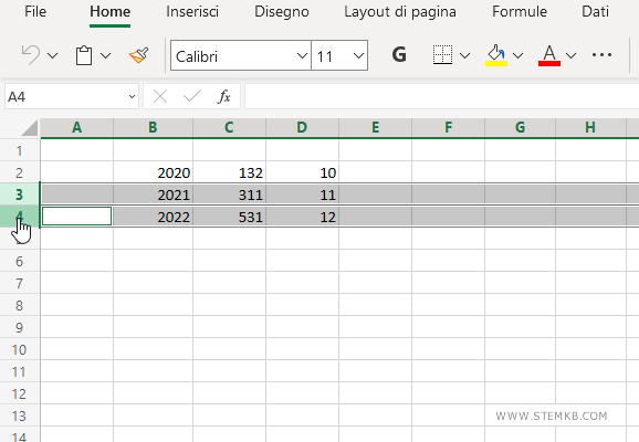 seleziona le righe 3 e 4