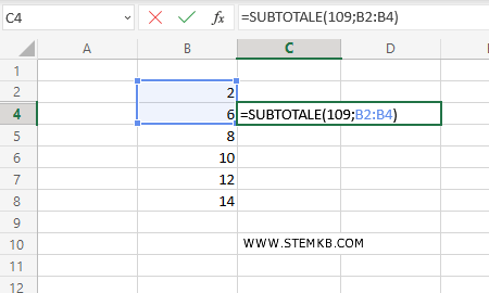 digita =SUBTOTALE(109;B2:B4)