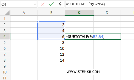 digita =SUBTOTALE(9;B2:B4)