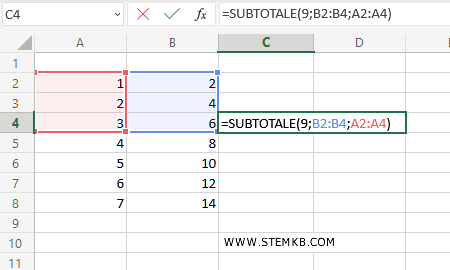 digita =SUBTOTALE(9;B2:B4;A2:A4)