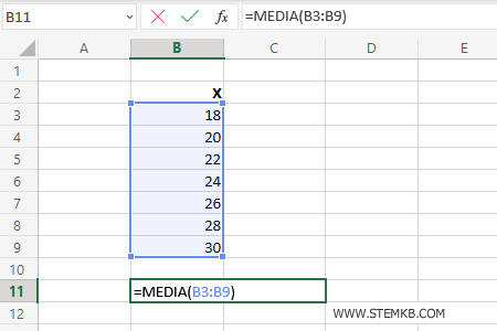 digita =MEDIA(B3:B9)