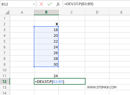 digita =DEV.ST.P(B3:B9)