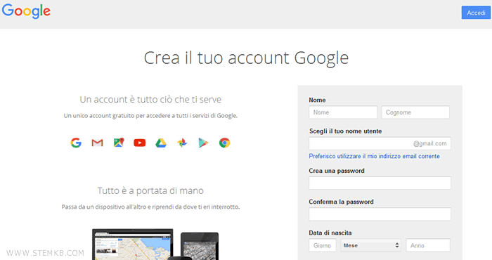 la procedura e la form di creazione account Google