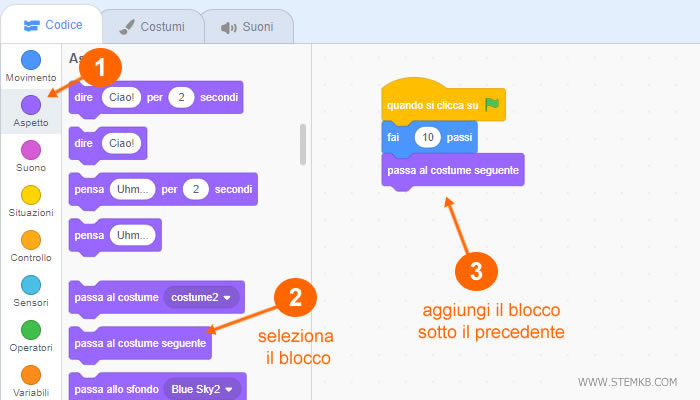 aggiungi il blocco per cambiare sprite