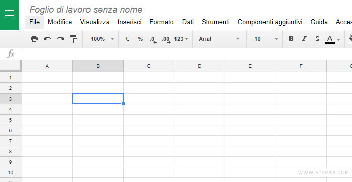 la schermata iniziale del tuo primo foglio di calcolo online