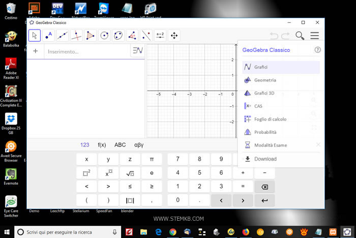 la prima schermata di Geogebra