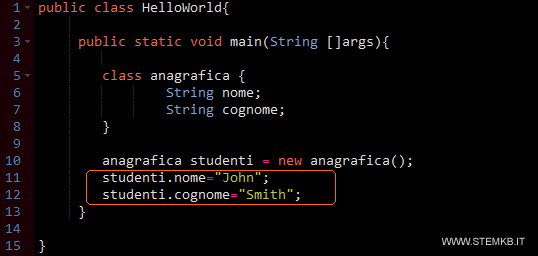 l'assegnazione dei valori alfanumerici alle propriet&agrave; nome e cognome della variabile studenti