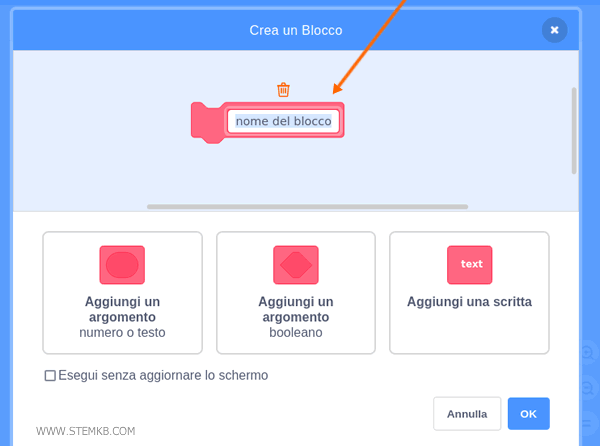 digita il nome del blocco
