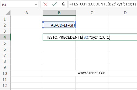 digita  =TESTO.PRECEDENTE(B2;"xyz";1;0;1)