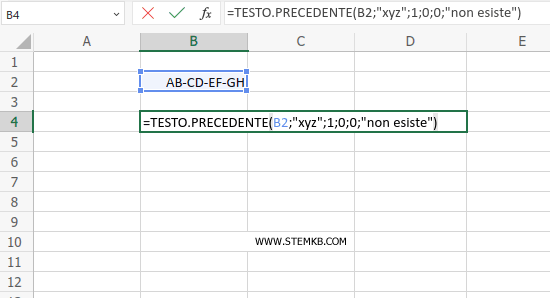 digita =TESTO.PRECEDENTE(B2;"xyz";1;0;0;"non esiste")