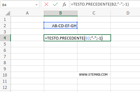 digita la funzione =TESTO.PRECEDENTE(B2;"-";-1)